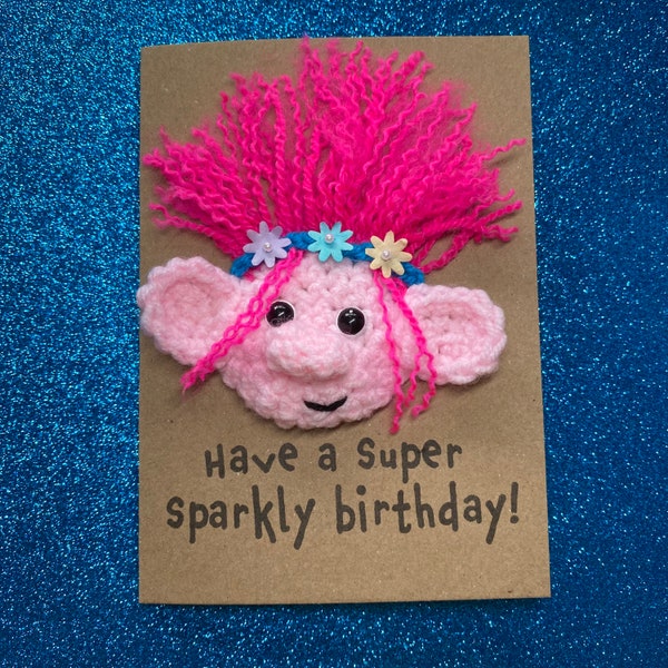 Carte d'anniversaire - carte au crochet - carte Kraft - coquelicot trolls - rose - passez un anniversaire super brillant ! - Enfants - Garçons filles - Dessin animé