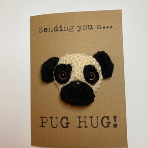 Tarjeta "Pensando en ti", "Mejórate", "Simpatía", "Tarjeta de crochet", "Tarjeta Kraft", "Perro", "Te envío un abrazo de carlino", "Te extraño", "Encierro", "Amigos"