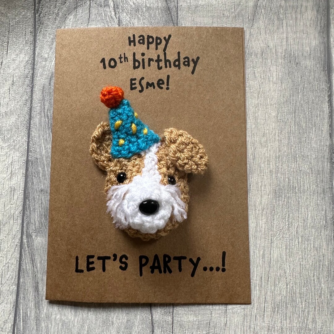 Personalised Crochet Dog Birthday Card - Kraft Card Party Hat - Etsy
