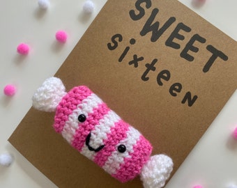 16th Birthday Card - Crochet Card - Kraft - Sweet Lollipops Candy - Pink - SWEET Sixteen - Age 16 - Sixteenth Birthday