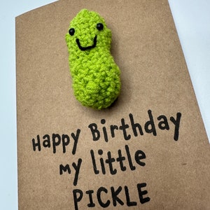 May include: A brown card with the text "Happy birthday my little pickle" written in black marker. A green crocheted pickle with a smiling face is attached to the card.