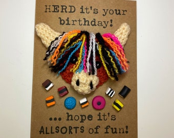 Birthday Card - Crochet Card - Kraft -  Highland Cow - Liquorice Allsorts - Sweet lover - Herd It’s Your Birthday-hope it’s Allsorts of fun!