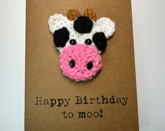 Birthday Card - Crochet Card - Kraft - Cow - Black And White - Happy Birthday to moo! - Boys Girls Childrens Friend His Hers - Personalised