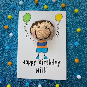 Tarjeta de cumpleaños - Tarjeta ilustrada a mano en crochet - Tarjeta de nombre personalizada - Caricatura de dibujos animados - Niños Niños Niñas Él Ella Amigo