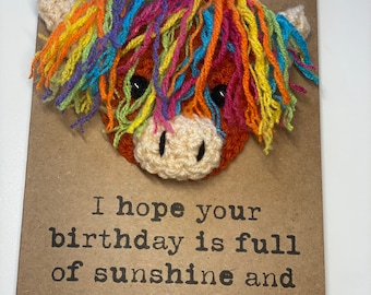 Birthday Card - Crochet Card - Kraft Card -  Highland Cow - Rainbow - Hope your birthday is full of sunshine and RAINBOWS! - Lockdown - LGBT