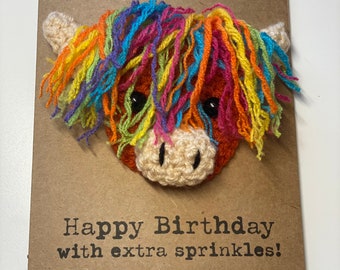 Crochet Highland Cow Birthday Card – Rainbow Fringe, Kraft Envelope