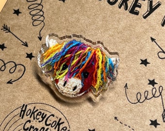Acrylic Pin Badge - Rainbow Highland Cow - Handmade Crochet - Cute Gift Friend His Hers Birthday Thank You Pride