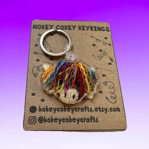Rainbow Highland Cow Keyring: Crochet Acrylic Charm resin