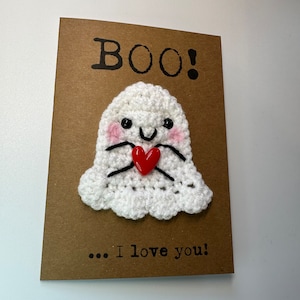 Tarjeta de aniversario - Tarjeta de San Valentín - Novia Novio Esposo Esposa - Tarjeta de crochet - Tarjeta Kraft - Tarjeta fantasma - ¡Buu, te amo! - Confinamiento