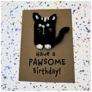 Birthday Card - Crochet - Kraft - Black And White Cat - Have A Pawsome Birthday! - Happy Birthday - Cat Lover Novelty Cute Funny