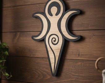 Triple Moon Spiral Goddess Wooden Wall Art Hanging