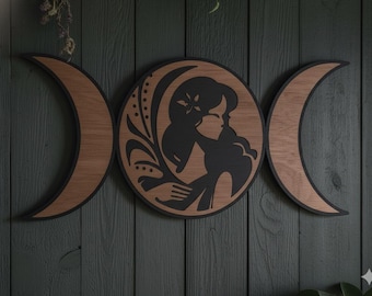 Triple Moon Goddess Wooden Wall Hanging