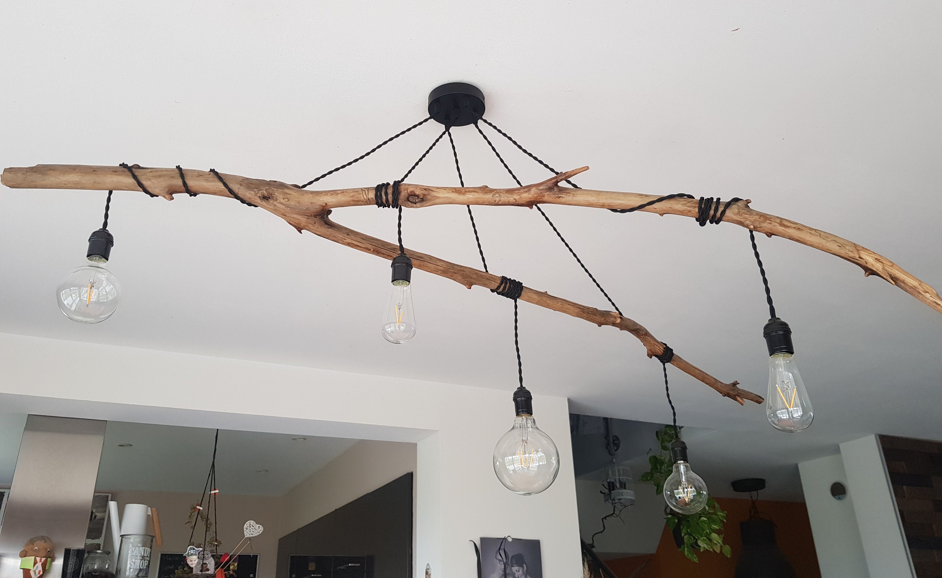 Suspension luminaire boule en bois flotté pour déco