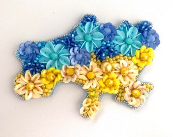 Embroidered map of Ukraine, brooch Ukraine, embroidered beaded pin, pray for peace, best selling items handmade, gift for her, crystal pin