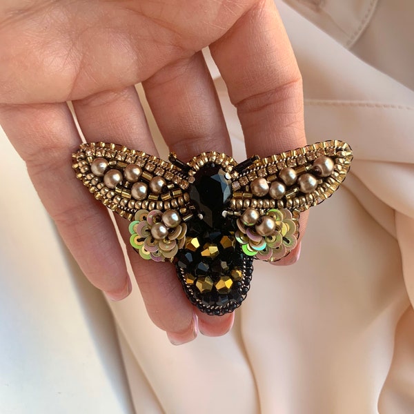 Embroidered beaded brooch insect, Beaded brooch bee, Gold brooch fly, Insect pin, Best selling items handmade, Crystal brooch