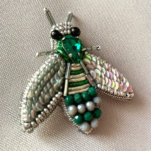 Embroidered beaded fly brooch, Beaded insect brooch, Beetle bead, Bee pin, gray fly brooch, Gift for her, Crystal brooch,Best selling items