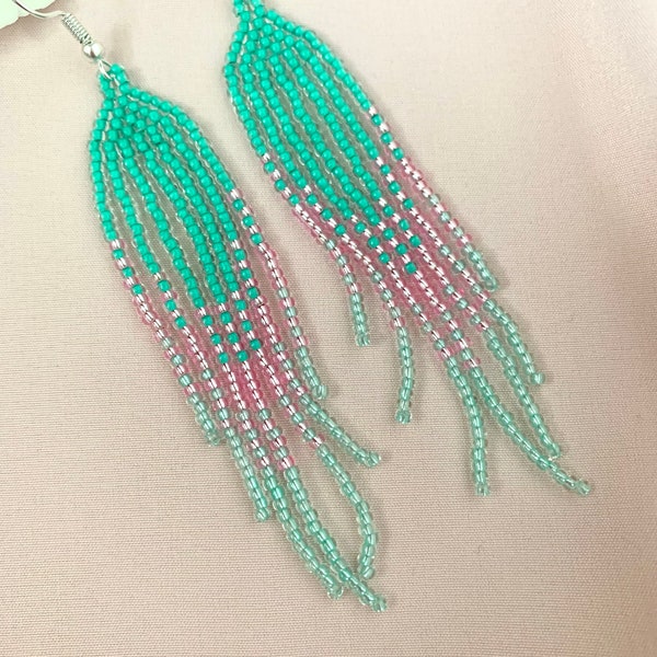 Tiffany Colored Long Beaded Earring, Handmade Braided Earrings, Pink Earrings, Mexican Huichol Earrings, best selling items, crystal jewelry