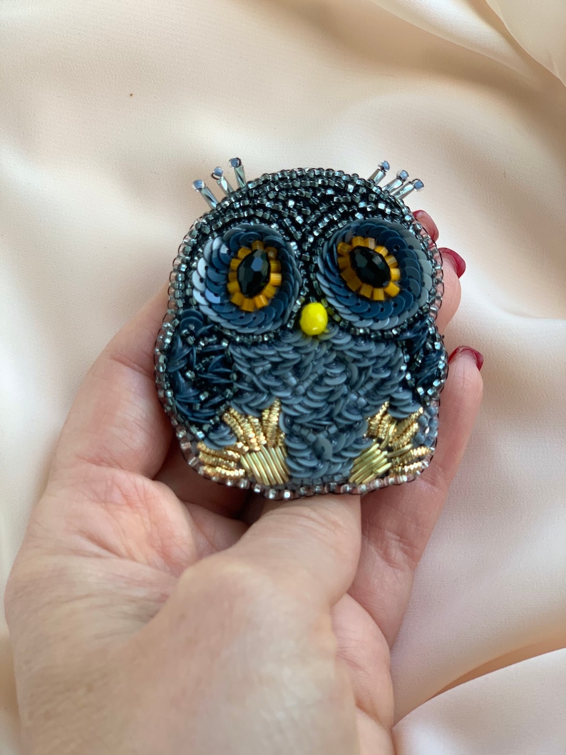Beaded Brooch Owl. Handembroidered Forest Bird Brooch. Beaded Jewelry