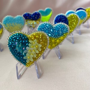 ukraine pin, ukraine flag, ukrainian brooch, beaded embroidered brooch, handmade brooch, ukraine jewelry, heart brooch, ukraine flag pin