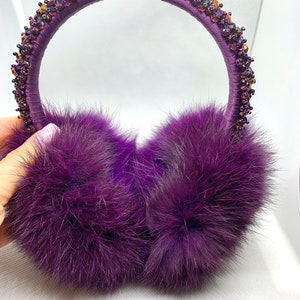 Fluffy Fur Ear Warmer, Hand-stitched Real Rabbit Fur Earmuffs, Decorated Warm Earmuffs, Purple Womens Earmuffs, Winter Accessory, Cute Gift