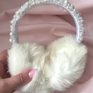 Fluffy Fur Ear Warmer, Hand-stitched Real Rabbit Fur Earmuffs, Decorated Warm Earmuffs, White Womens Earmuffs, Winter Accessory, Cute Gift