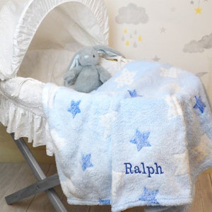 Embroidered Personalised Blue Stars Baby Blanket, Custom Name, Fleece,  Pram Cot Soft Comforter