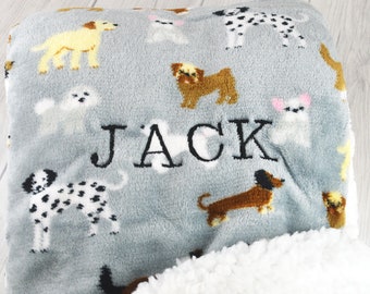 Personalised Pet Name Blanket, Sherpa Grey Dog Print, Warm Comforter, Puppy Christmas Gift