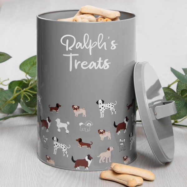 Personalised Dog Treat Tin Grey Illustrated Puppy Food Storage Container With Lid Tub Jar