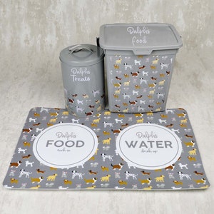 Set of 3, Personalised Dog Name Storage Tub, Treat Tin and Food Mat, Grey, Dog Print, Customised