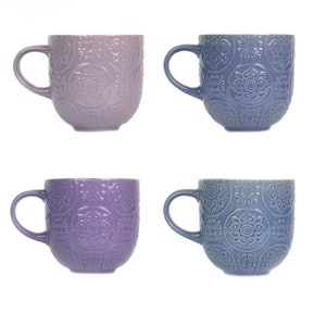 Set of 4 Embossed Coffee Mugs, Blues Pinks and Purples.  4 Colours Home Kitchen Decor Stoneware