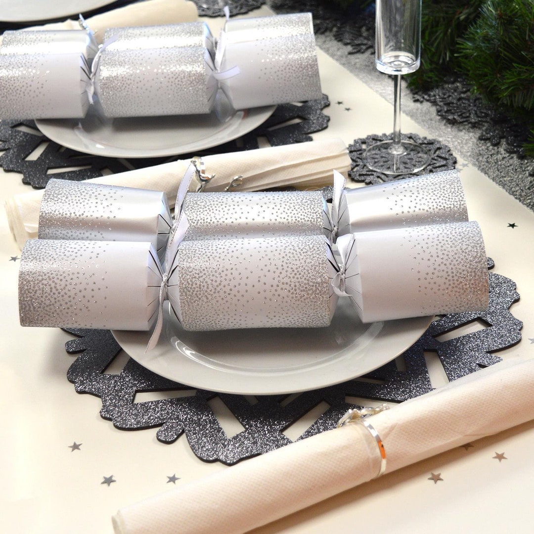 6 Silver and White Christmas Crackers Glittery Table Etsy UK