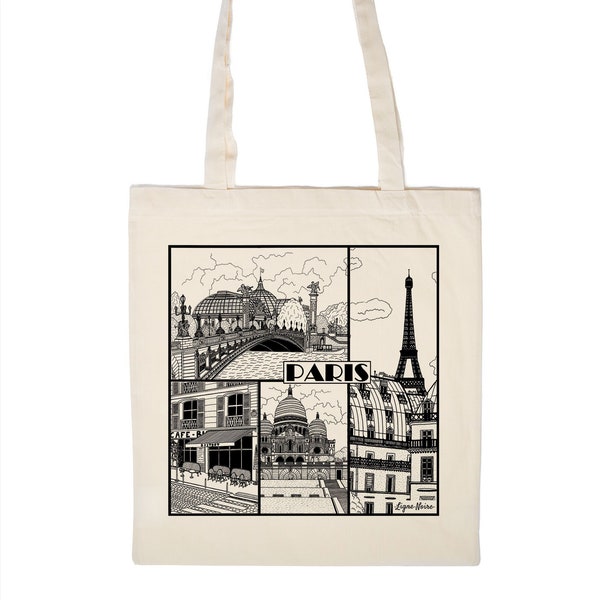 Tote Bag Paris N&B | Sac coton écru avec anses longues, sac fourre-tout, sac en tissu