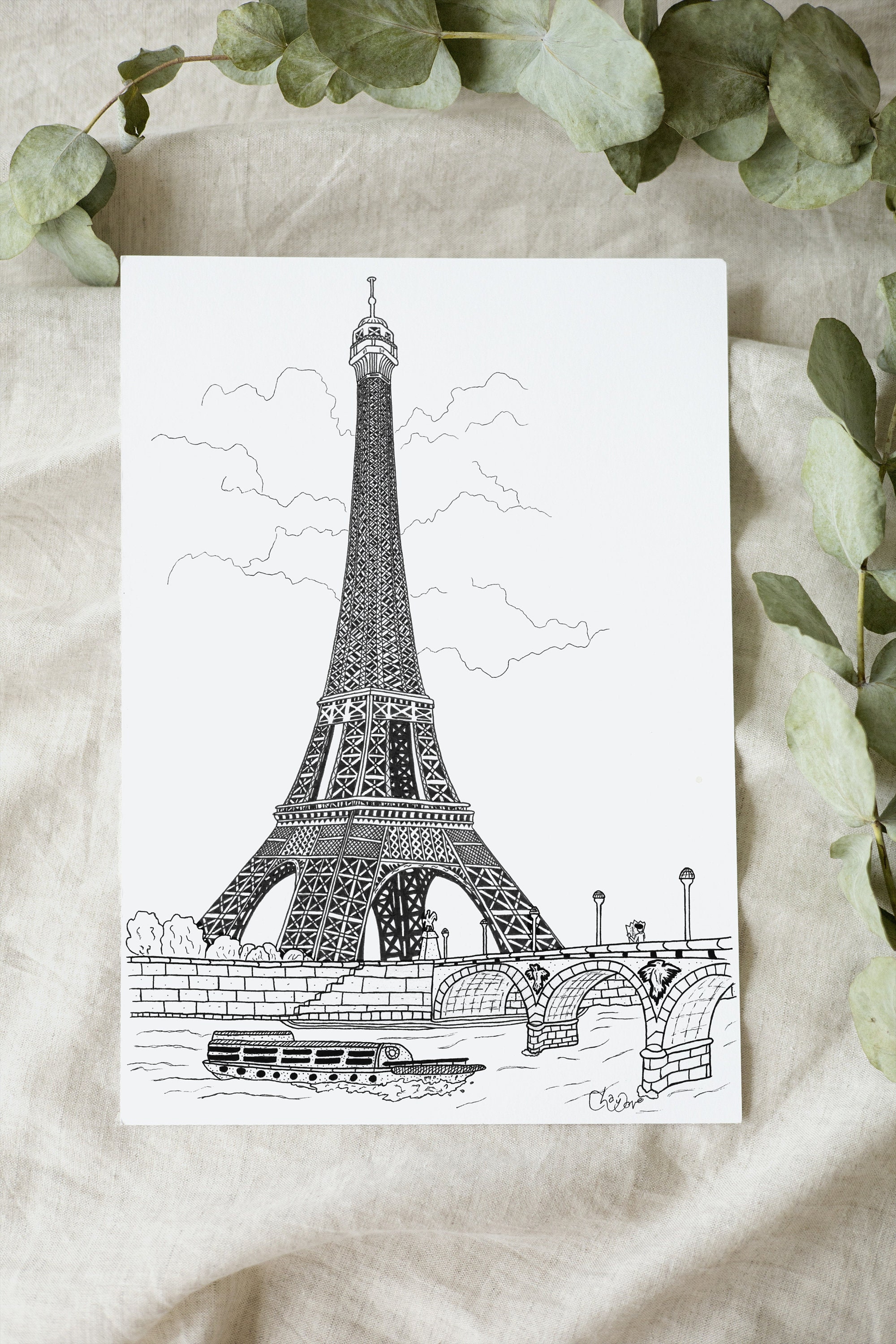 King) Paris, Eiffel Tower, Black & White Postcard Reversible King