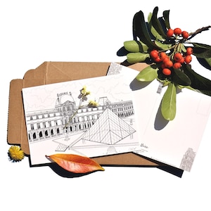 Cartão postal do Louvre GALERIE PARIS Desenho original em preto e branco