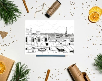 Pack of 7 A5 colouring postcards of Paris : Rooftops + Montmarte in B&W