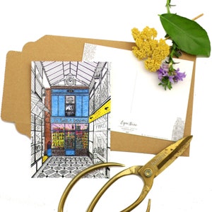 Postal la Boîte à Joujoux pasaje Jouffroy dibujo original