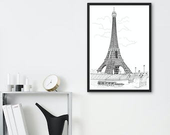 Poster A4/A3 Tour Eiffel - Dessin original N&B Paris