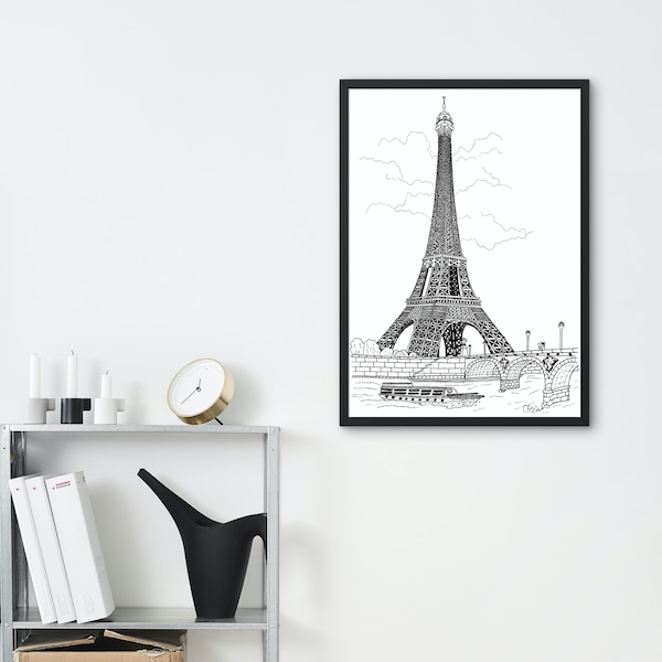 Poster A4/A3 Tour Eiffel - Dessin original N&B Paris