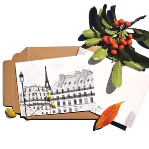 Carte Postale Bâtiment Empire GALERIE PARIS Dessin original noir et blanc