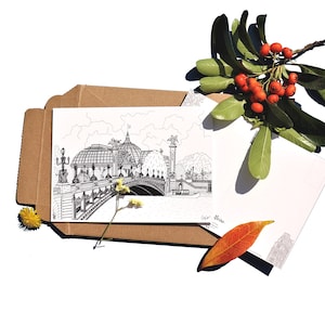 Carte Postale Pont Alexandre III GALERIE PARIS Dessin original noir et blanc