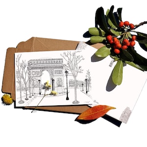 Postal Arco do Triunfo GALERIE PARIS Desenho original em preto e branco