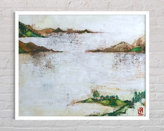 May include: A framed abstract painting with a white background and brown and green mountains in the distance. The painting has a textured surface and a subtle, faded look. The bottom of the painting features a small green island with a few trees and a red building. The painting is signed "ART" in the bottom right corner.