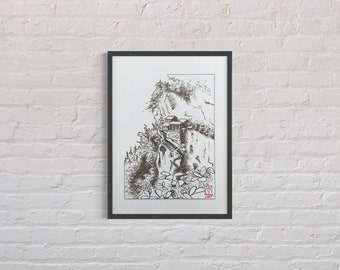South Rock Palace, Architectural Print, Landscape, Cliff, Temple, Black & White, Simple, Wall Art, Minimalist Art, Framed, Ready to hang