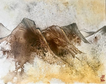 May include: A watercolor painting of a mountain range with brown and gray peaks against a light gray background. The painting has a textured, abstract look with subtle speckles of color.