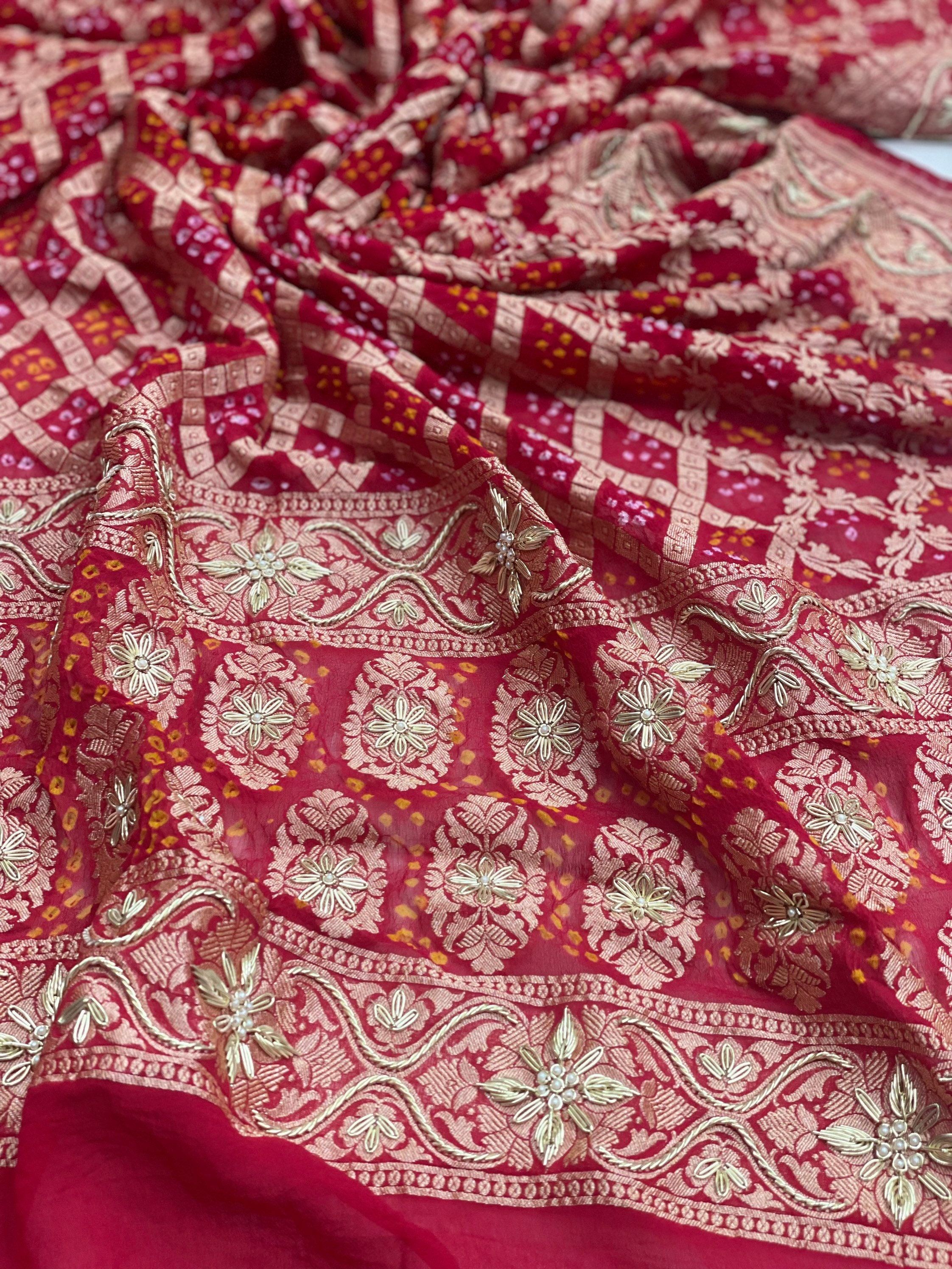 Red Bridal Banarasi Pure Zari Duppta With Zardogi Work Border All Over ...