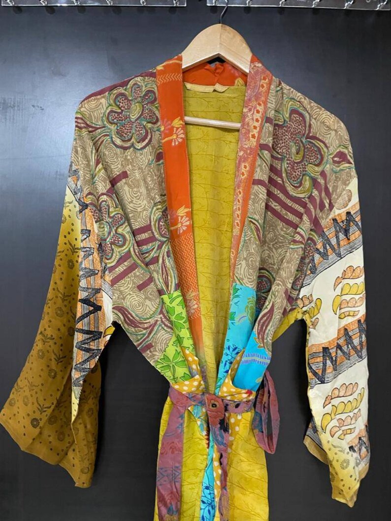 Floral print silk saree kimono long kimono dress beach night wear gown with belt and 34 sleeve vintage silk saree kimono.