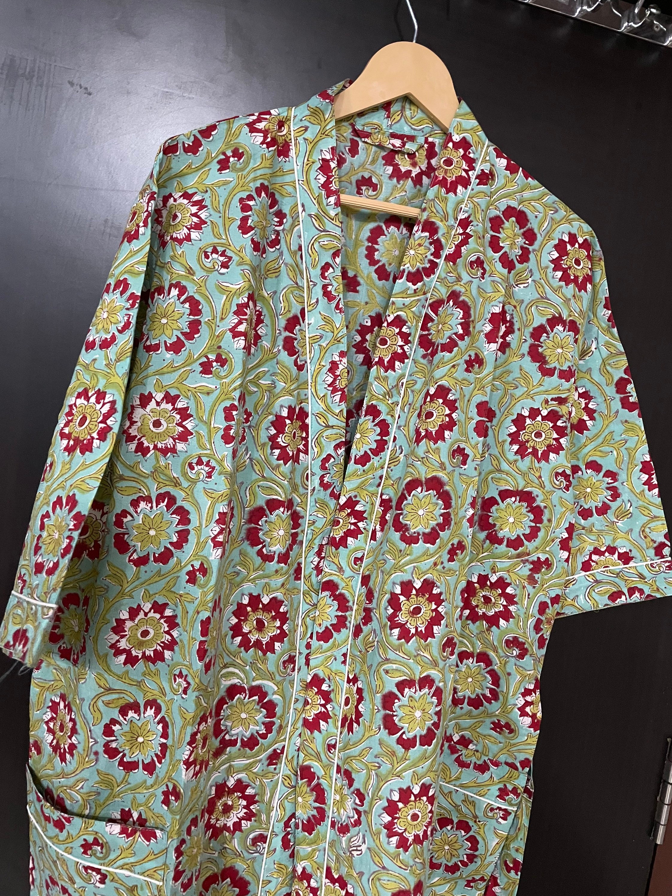Anokhi Print Cotton Green flower print kimono/Robe Womens | Etsy