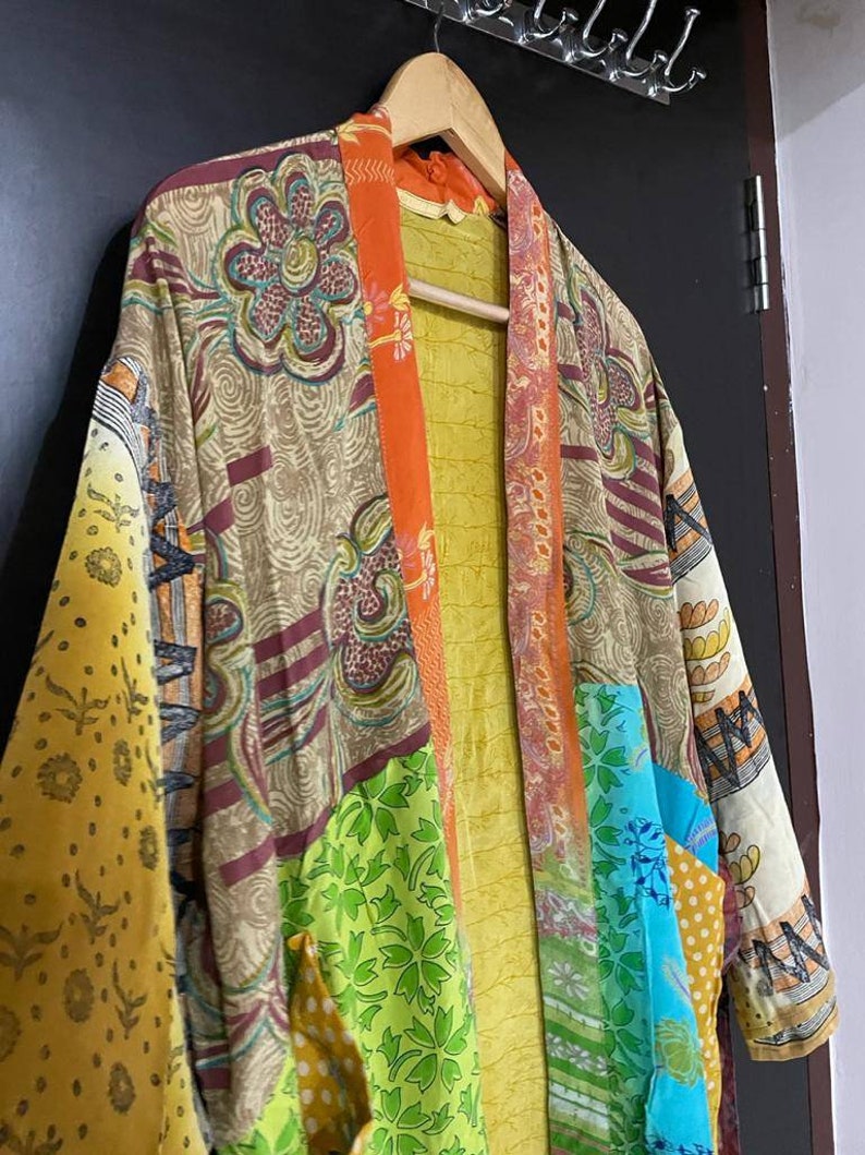 Floral print silk saree kimono long kimono dress beach night wear gown with belt and 34 sleeve vintage silk saree kimono.