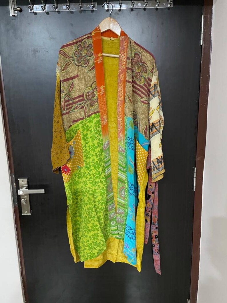 Floral print silk saree kimono long kimono dress beach night wear gown with belt and 34 sleeve vintage silk saree kimono.