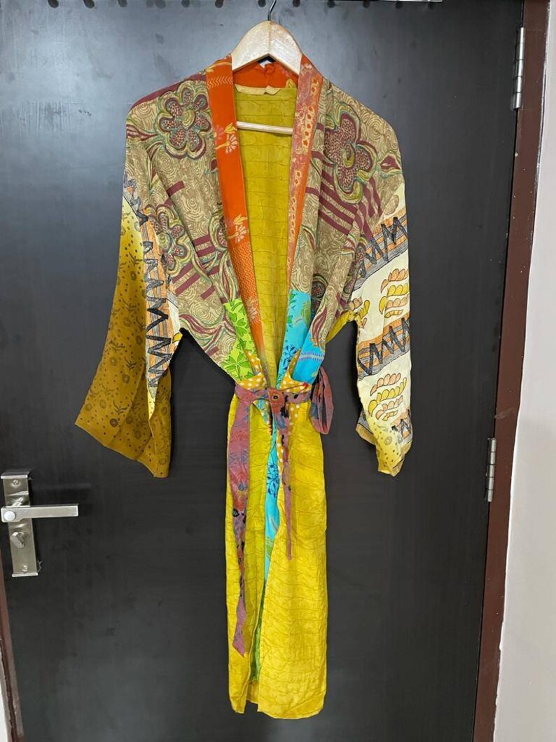 Floral print silk saree kimono long kimono dress beach night wear gown with belt and 34 sleeve vintage silk saree kimono.